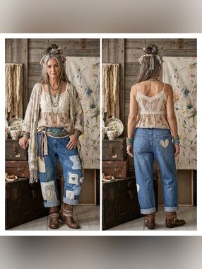 Upcycled Boho 100% Cotton Vintage Fabric Barrel Jeans Size 10